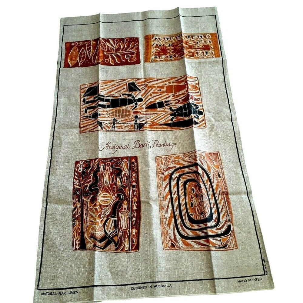 Natural Flax Linen Towel Australia Souvenir Aboriginal Bark Paintings Art 30x20"